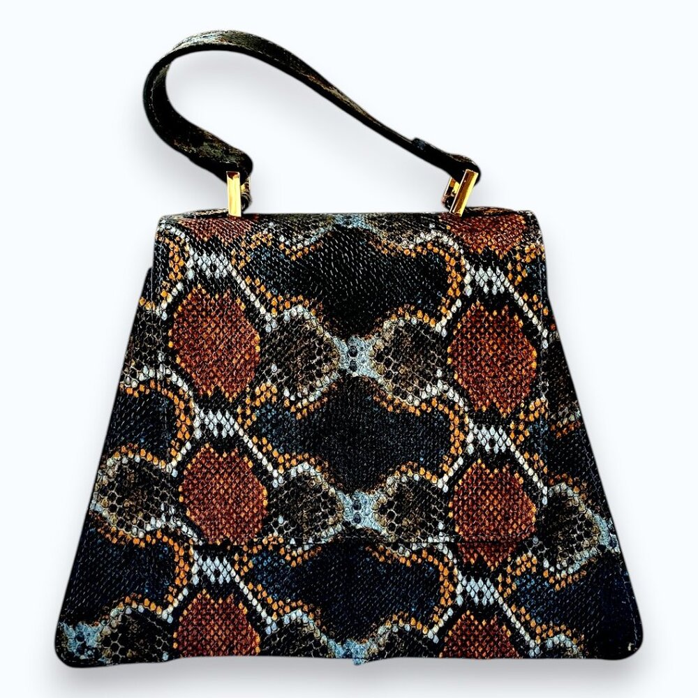 Structured Snakeskin Print Top Handle Bag Mini Satchel Crossbody Gold Hardware N